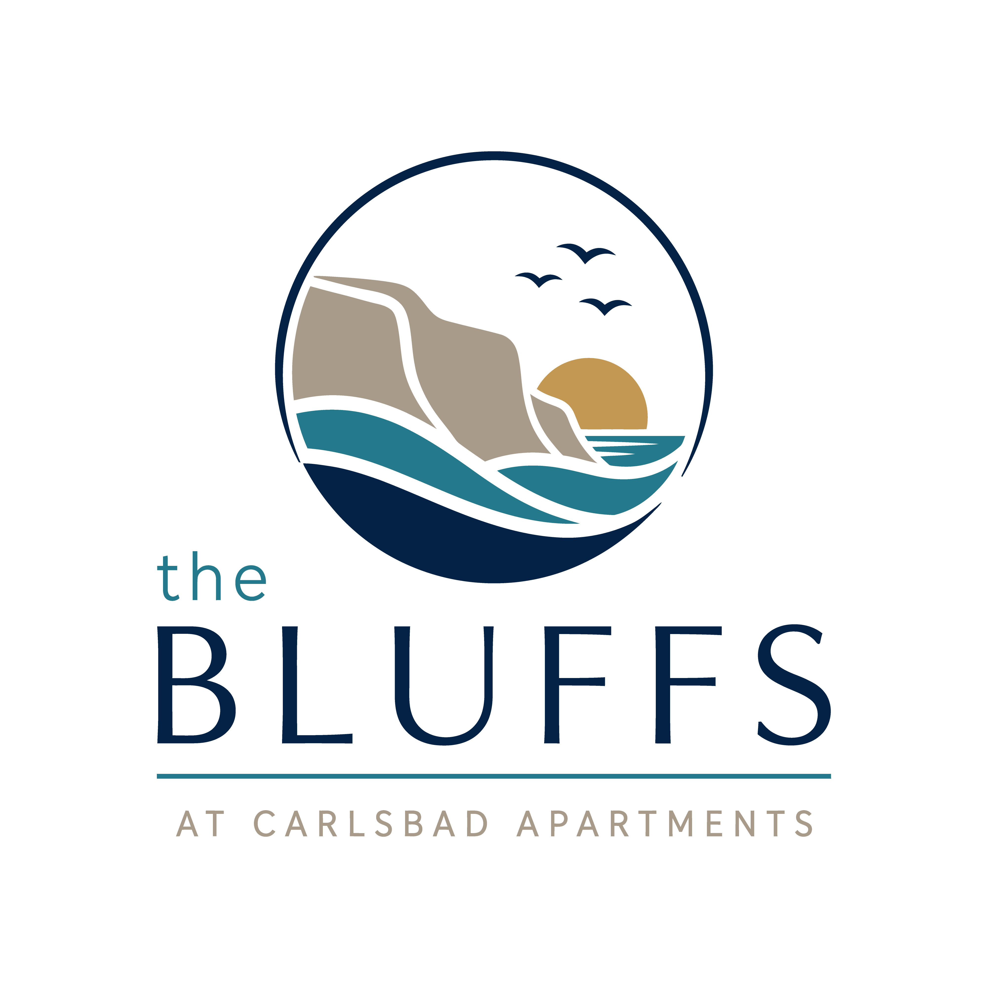 The logo for The Bluffs at Carlsbad Apartments features a graphic of a cliff with birds flying around it.